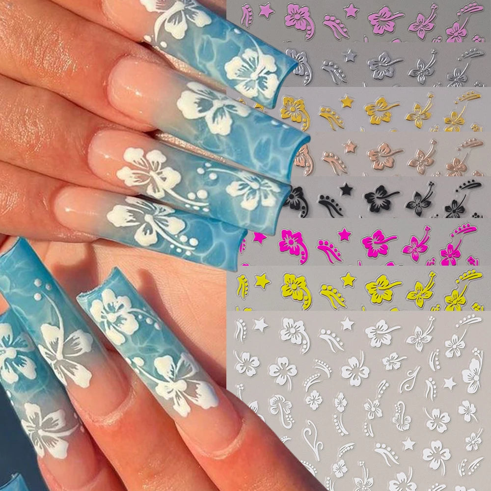 1pc 3D White Hibiscus Flower Nail Art Stickers 8 Colors Hollow Petal Flower Nail Decal Exquisite Gold/Silver/Black Floral Slider