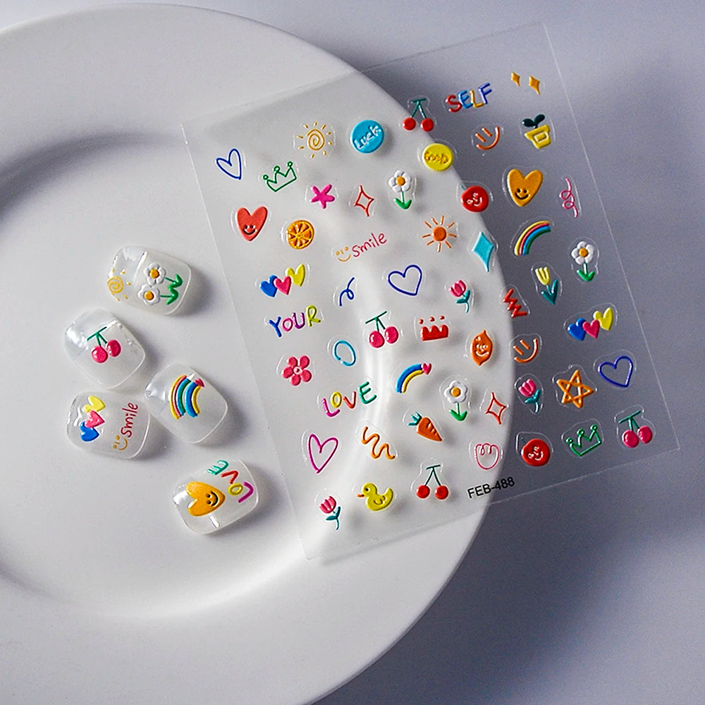 2023 Jelly Design Tulip Flowers Love Heart Color Lines 5d Embossed Reliefs Nail Art Stickers Lovely Manicure Nail Decals