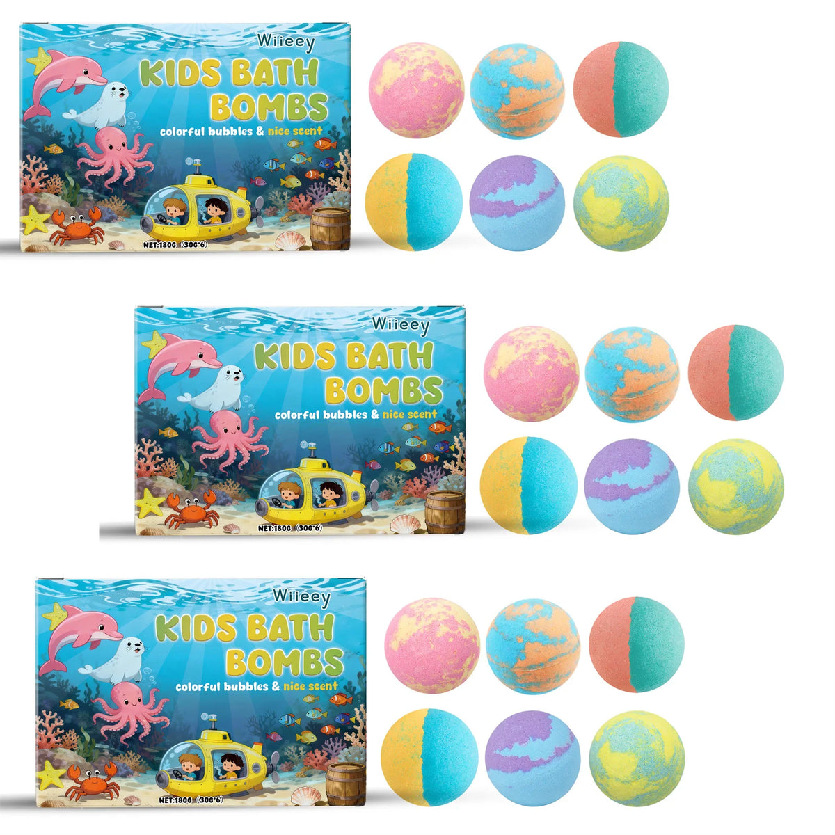 Wiieey Bath Balls for Kids Gentle Skin Cleansing Deep Hydration Calming Scent Infusion Rich Bubble Soothing Bath Bombs 180g