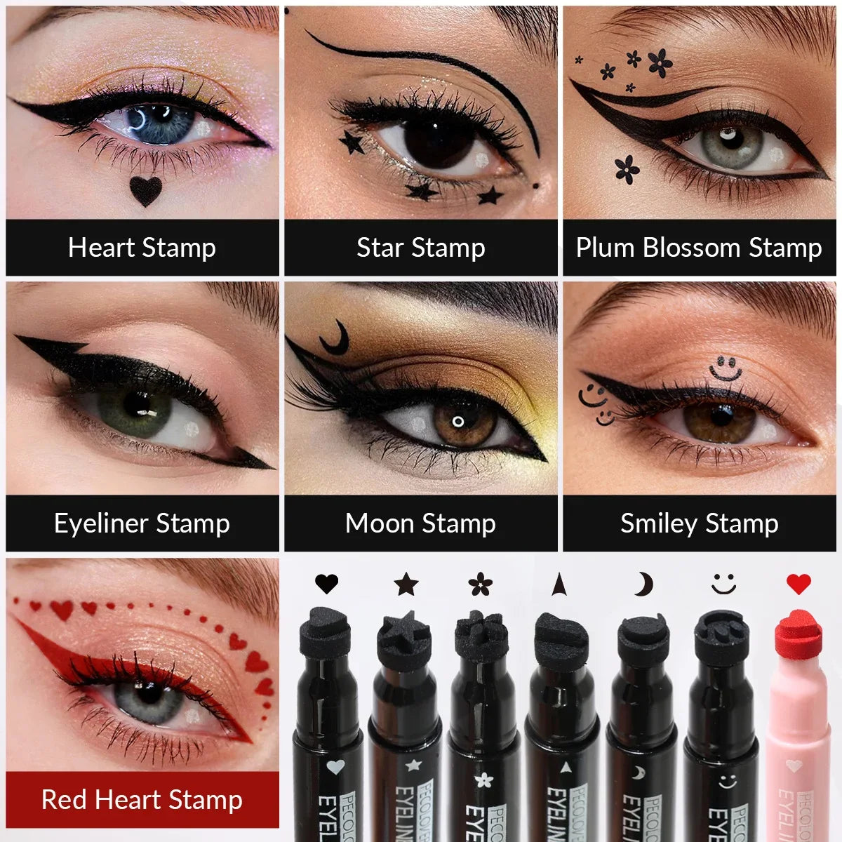 7PCS/SET Double Head Moon Star Heart Flower Liquid Eyeliner Pen Black Stamp Makeup Seal Eyeliner Pencil Waterproof Cosmetic