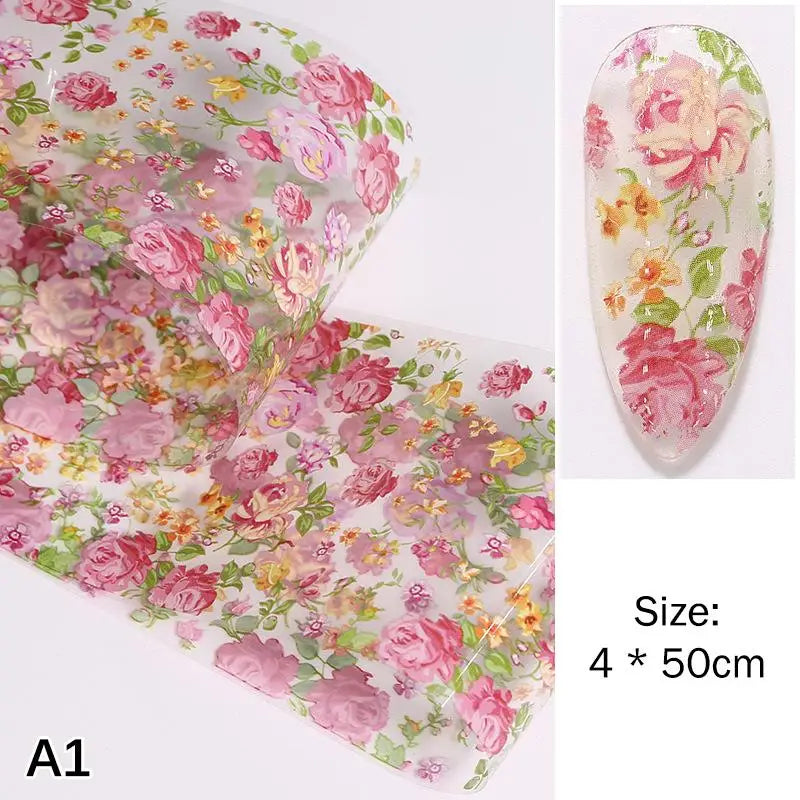 100cm Flower Nail Art Foil Transfer Stickers Rose Floral Design for DIY Professional Salon Long Strip Nail Accessory