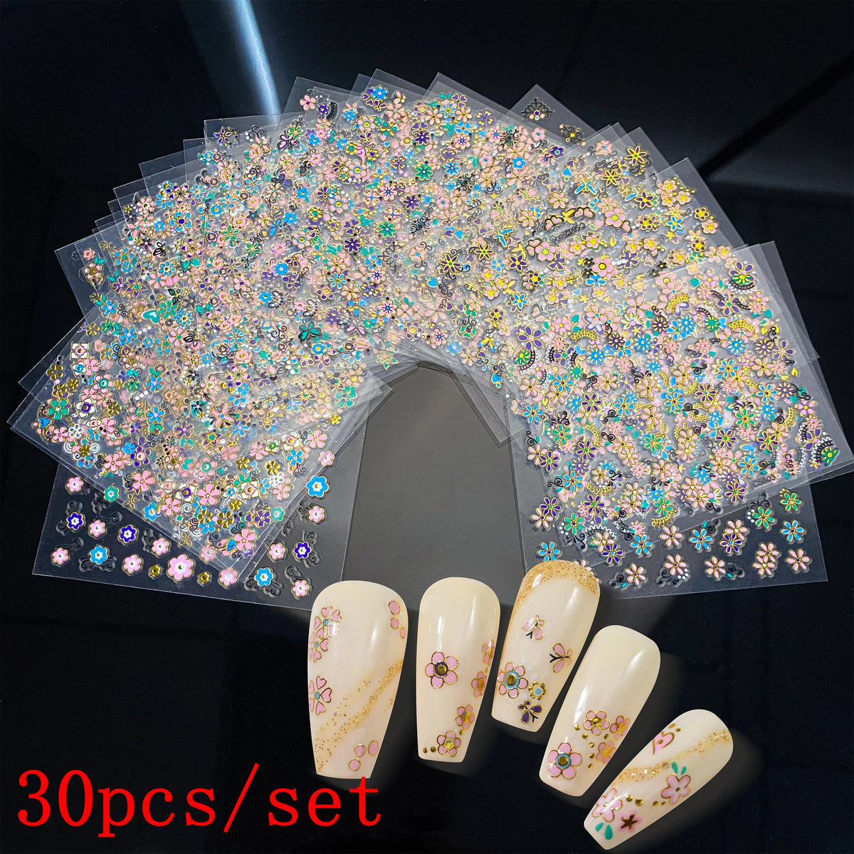 24/30pcs 3D Neon Summer Nail Stickers Set Colorful Daisy Flowers Leaves Nail Art Sticker Fluorescence Floral Adhesive Decoration