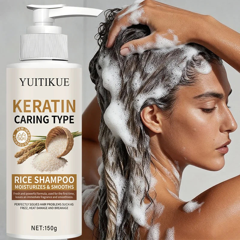 YUITIKUE Keratin Rice Shampoo 150g - Repairs Split & Damaged Hair, Moisturizes & Smooths, Delicate Foam for Fluffy Refreshment