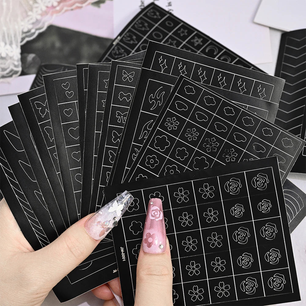 24 Patterns Airbrush Stencils Nail Art Stickers Hollow Butterfly/Flower/Bow/French Line Printing Templates Nail Decal DIY Tools