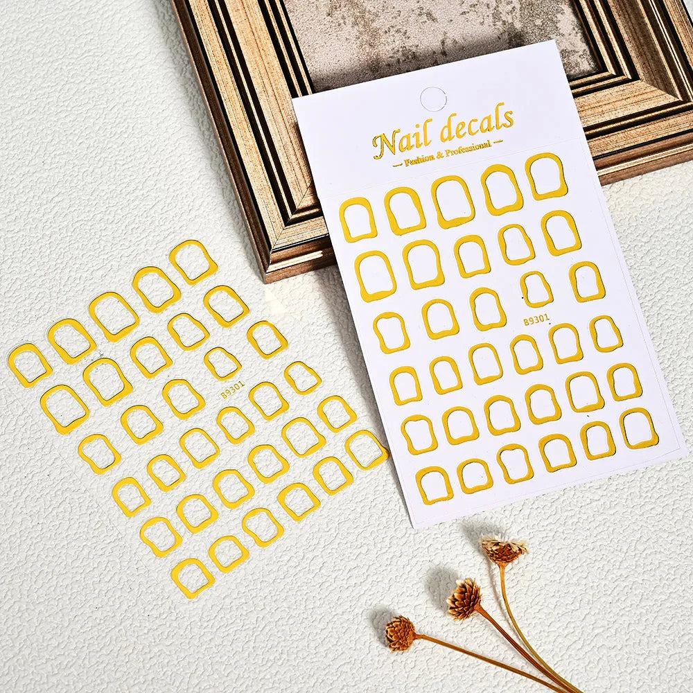 2pcs 3D Bronzing Gold Geometric Frames Nail Stickers Irregular Metallic Hollow Frame Nails Decals Square Geometric Nail Supplies