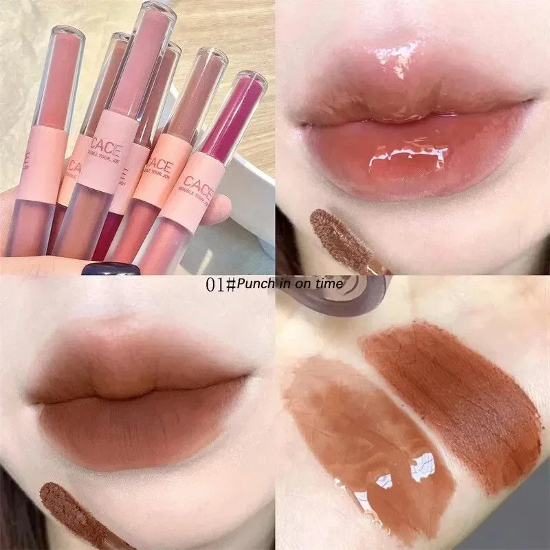 Double Head Lip Gloss Matte Velvet Sexy Red Tint Liquid Lipstick Waterproof Lipgloss Lasting Lip Glaze Korean Makeup Cosmetics