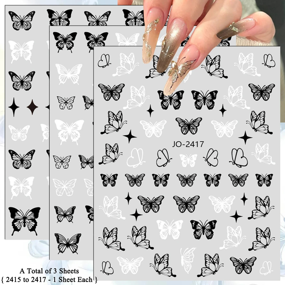 3/6/12 Sheets 3D Black White Butterfly Nail Stickers Self Adhesive Gothic French DIY Manicure Nail Decals