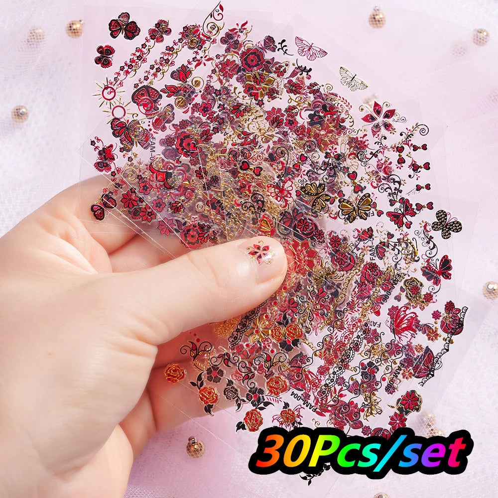 30Pcs/set Colorful Butterfly/Flowers Nail Stickers Kawaii Cute Mini Rose/Lavender/Sunflower Nail Decal DIY Adhesive Nail Floret