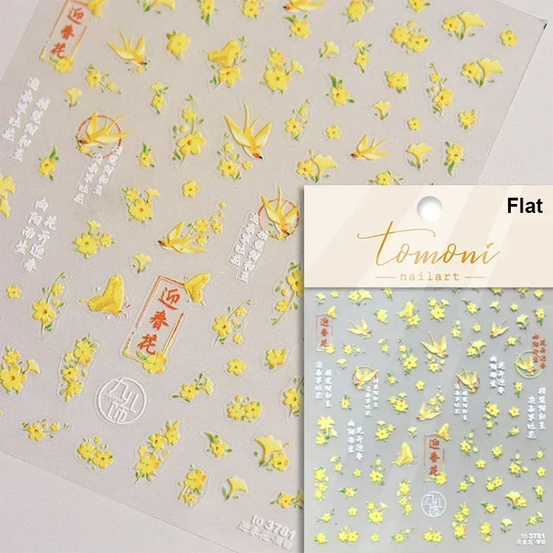 1 pc 5D sunflower nail stickers rose daisy cherry blossom self-adhesive nail art stickers oil painting style decorative sticker