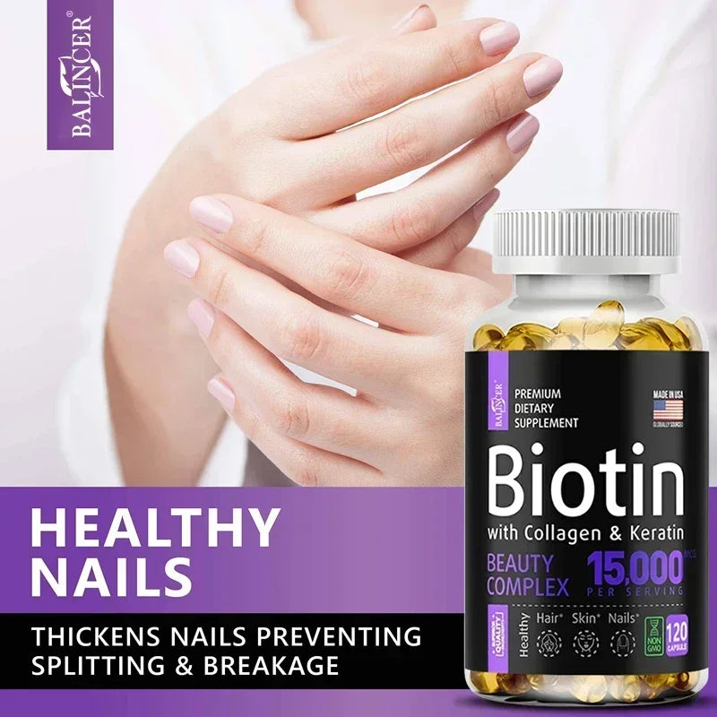 Biotin Capsules 15,000 MCG - Increase Healthier, Shinier Hair, Skin & Nails- 30 To 120 Capsules with Biotin Collagen A & B