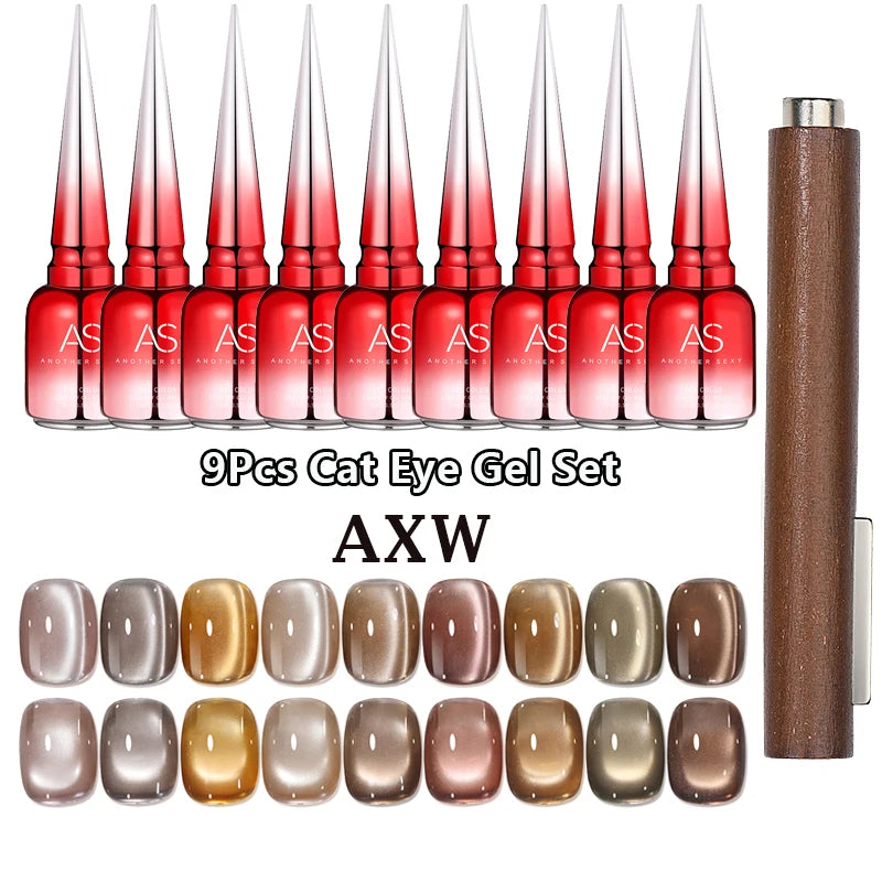 AS 9pcs Cat Eye Magnetic Moonlight Gel Nail Polish Set 15ml Sparkle White Silver Water Light Red UV Gel Nail Art Manicure Vernis