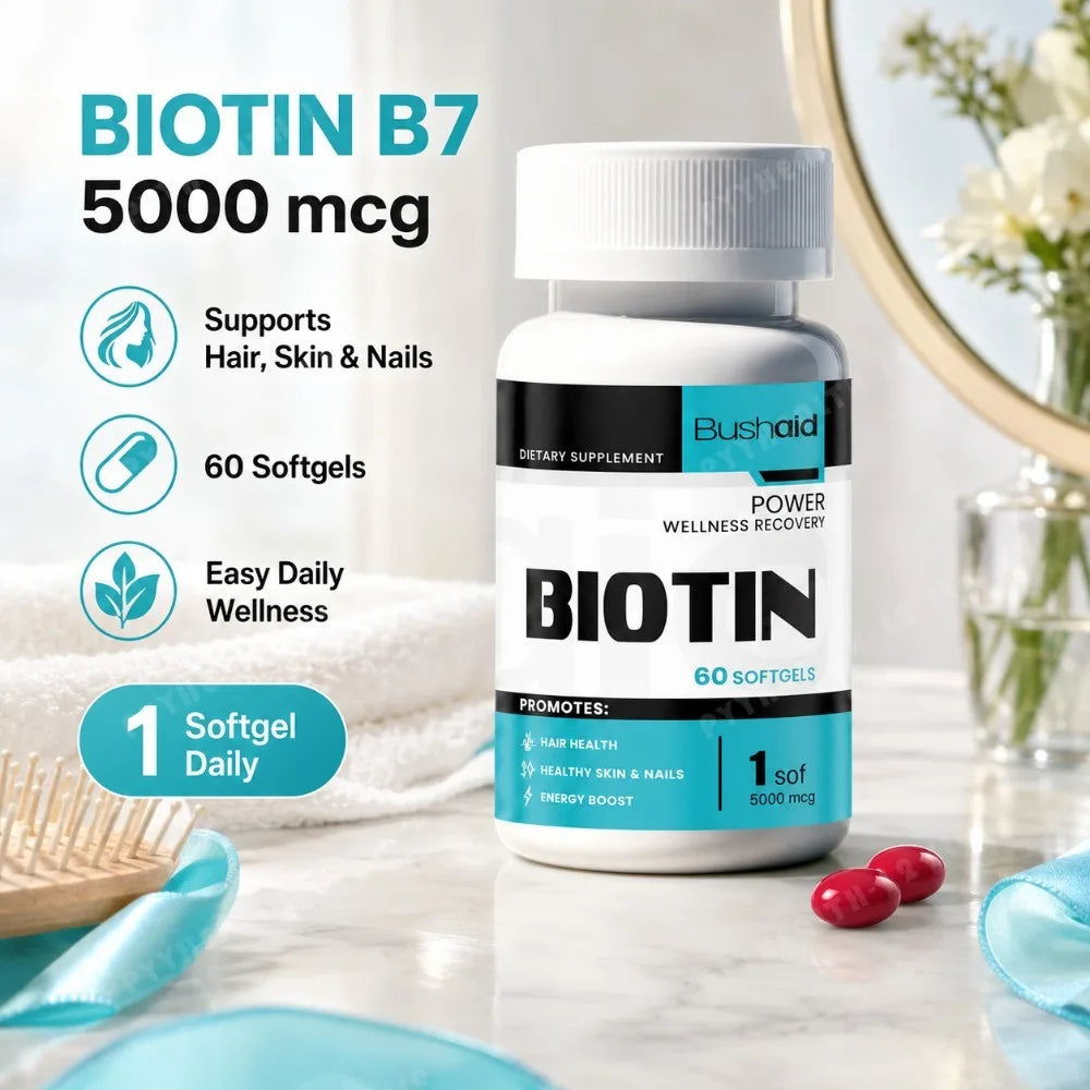 Bushaid Biotin 5000mcg Softgels Hair Skin Nails Vitamin B7 Keratin Support Energy Non-GMO Gluten Free 60 Softgels 60 Day