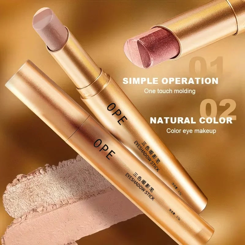 OPE Tri-Color Eyeshadow Stick — Gradient Shimmer, Waterproof Pearlescent Eyeshadow — Long-Lasting Eye Makeup