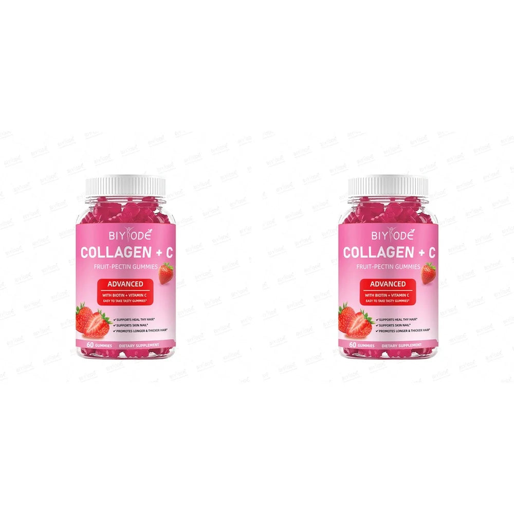 BIYODE Collagen + Vitamin C Gummies with Biotin, Strawberry Fruit Pectin Beauty Supplement for Hair Skin Nails Support, 60 Count