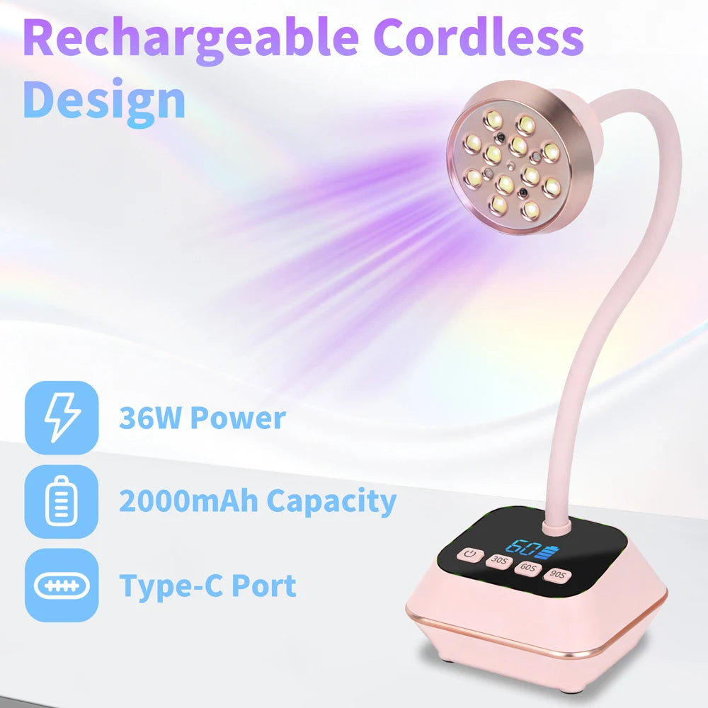 Ai Sensor Nail Lamp 36W 12 Beads LED UV Nail Dryer Wireless Rechargeable Lamp Fast Drying Nail Lamp 360° Bendable Table Lamp