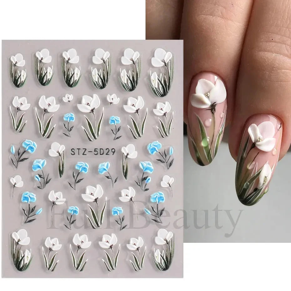 5D Simple Flowers Nail Embossed Stickers Elegant Wedding Design Adhesive Sliders Floral Textured Engraved Decoration Supplies