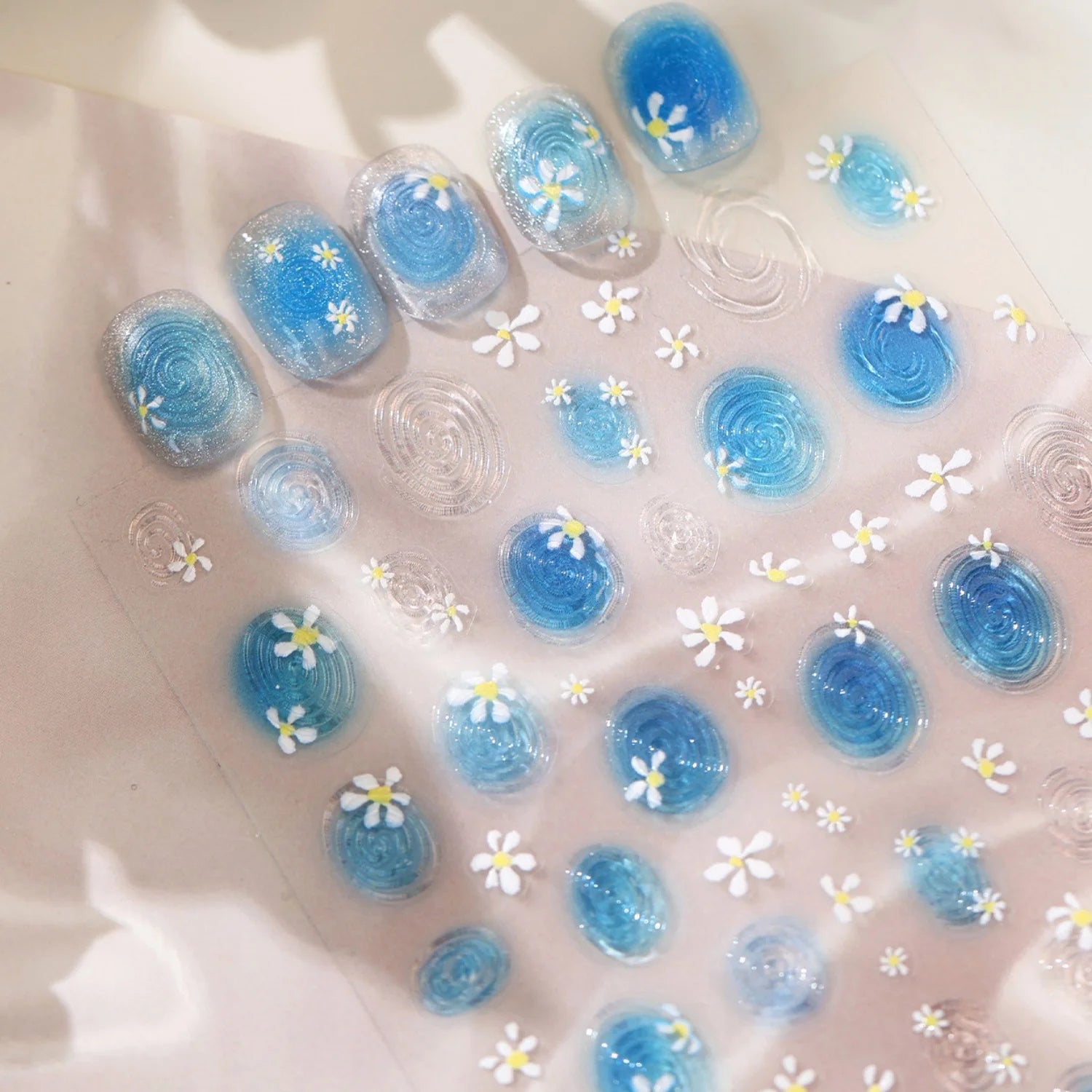 5D Summer Ocean Nail Art Stickers Blue Water Wave Daisy Spiral Pattern Self-adhesive Seaside Nail Decal DIY Manicure Decoration