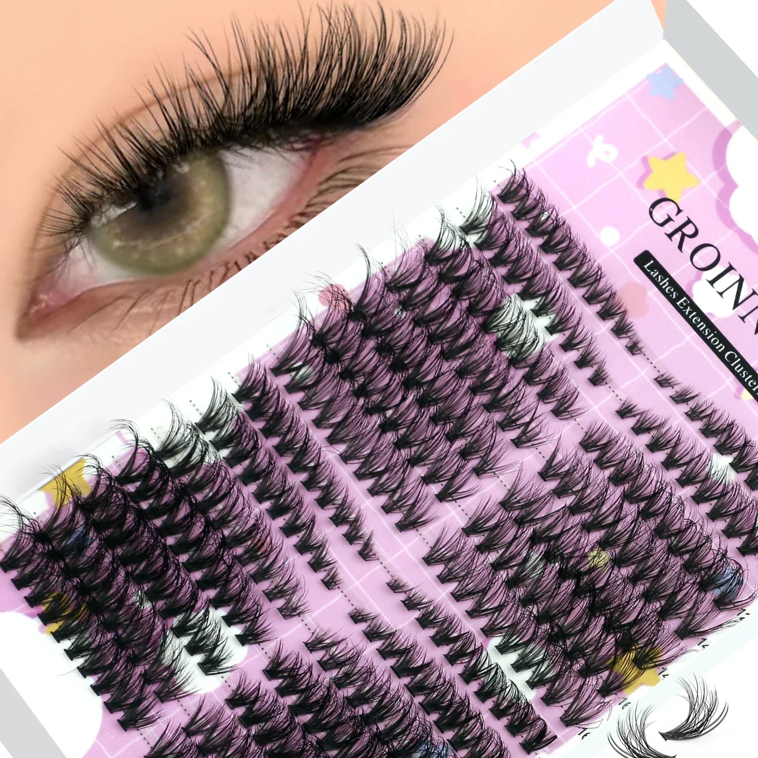 GROINNEYA Lash Clusters Kit Natural Cat Lashes Winged End Eye Elongated Eyelashes With Lash Bond & Seal Cluster Kit DIY at Home