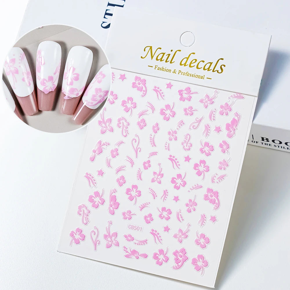 1pc 3D White Hibiscus Flower Nail Art Stickers 8 Colors Hollow Petal Flower Nail Decal Exquisite Gold/Silver/Black Floral Slider