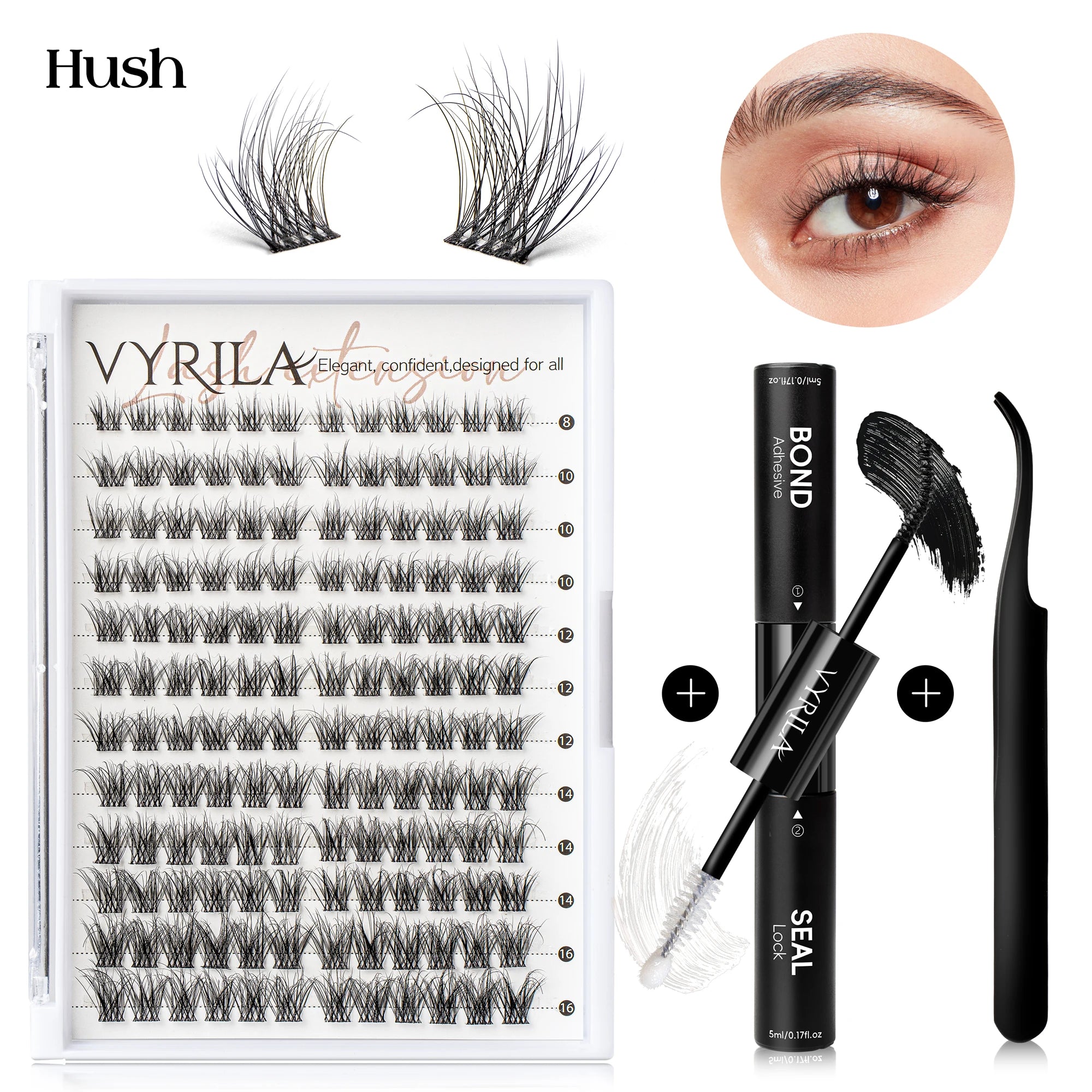 VYRILA Lash Extension Kit Wispy C Curl Lash Clusters Kit Hush 8-16mix Individual Lashes with Lash Bond and Seal Lash Tweezers