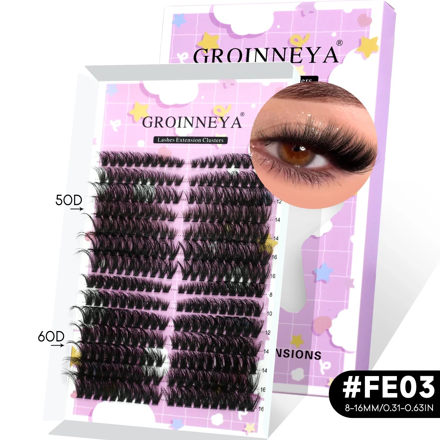 GROINNEYA Lash Clusters Kit Natural Cat Lashes Winged End Eye Elongated Eyelashes With Lash Bond & Seal Cluster Kit DIY at Home