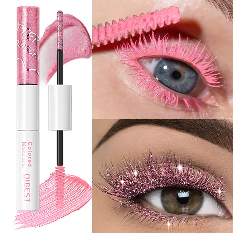 2 in 1 Matte Pink Mascara Eyelashes Blue Green Red Colorful Waterproof Curling Diamond Glitter Mascara Lasting Eye Makeup Tools