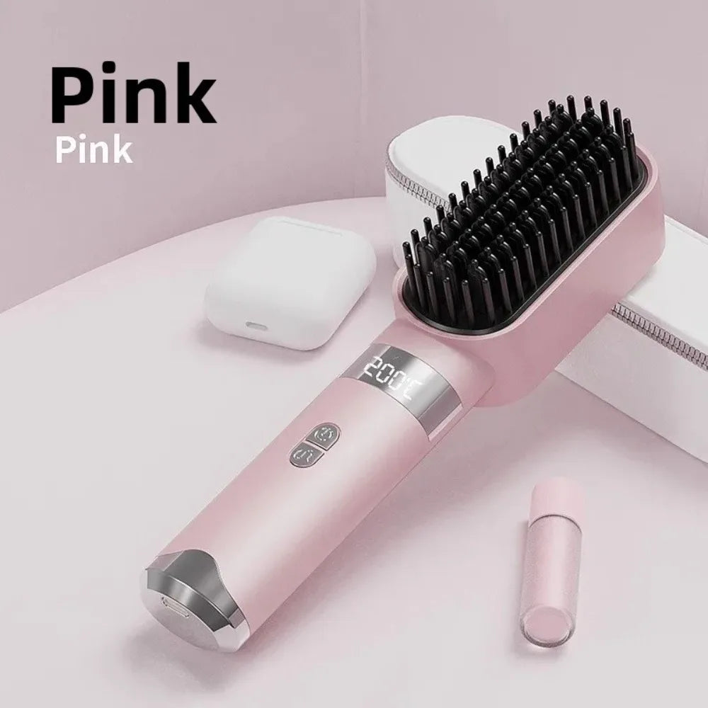 Wireless Hair Straightener Comb, LCD Display 140-200℃ 3 Temp Control, Rechargeable Portable Travel Hair Styling Brush