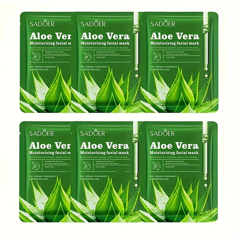 6pcs Aloe Vera Facial Masks Skin Care Unisex Adult Moisturizing Face Masks Sheets Glycerin Trehalose Alcohol-Free Types Skincare