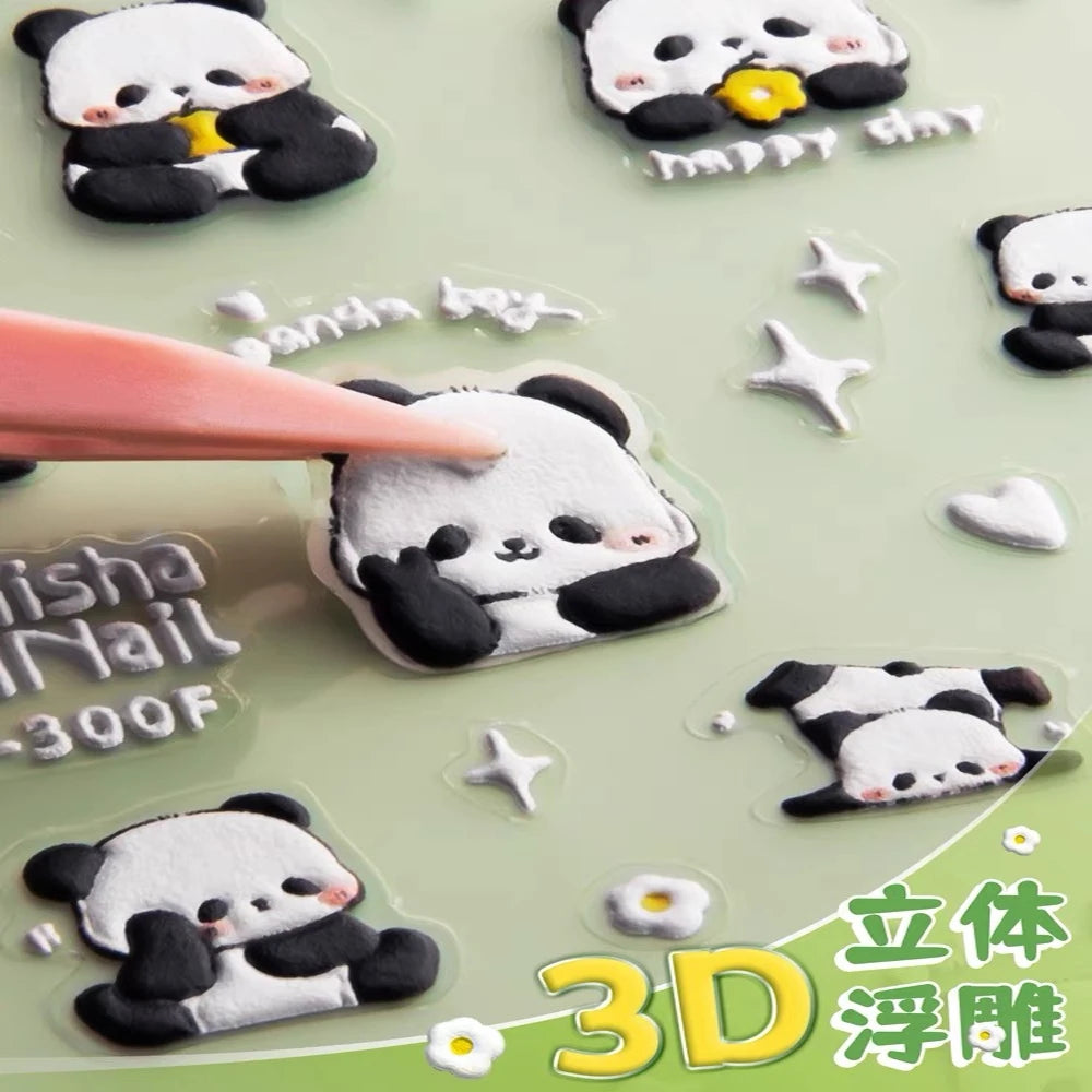 5D Lovely Panda Animal Nail Stickers Bunny Korean Cartoon Relief Self Adhesive Nail Art Stickers Cute Pretty Smile Star Manicure