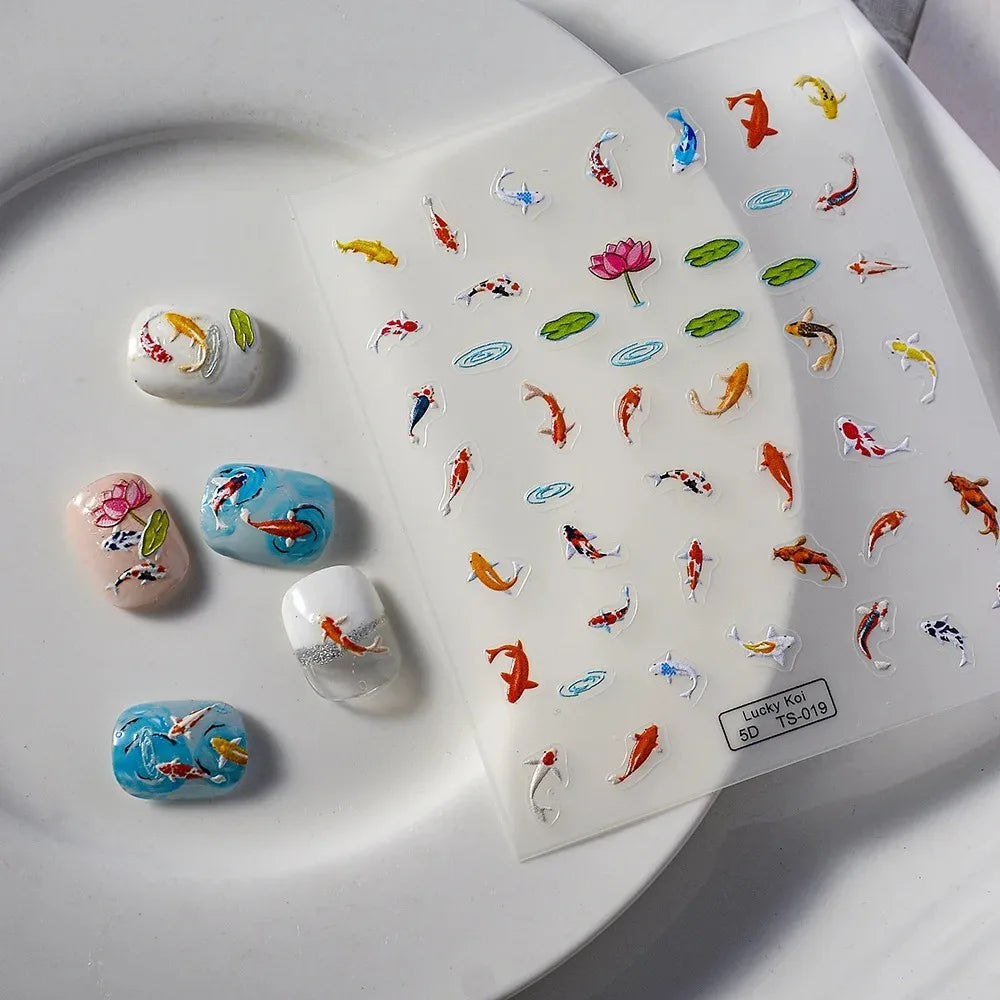 5D Koi Carp Nail Sticker Green Lotus Kawaii Red Carp Nail Slider for Manicure Relief DIY Acrylic Nails Fish Accessories Decal