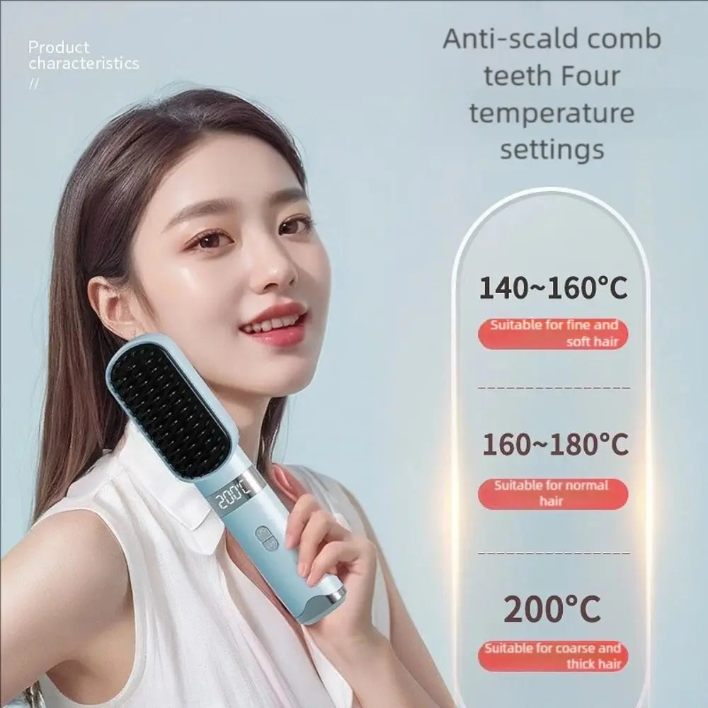 Wireless Hair Straightener Comb, LCD Display 140-200℃ 3 Temp Control, Rechargeable Portable Travel Hair Styling Brush