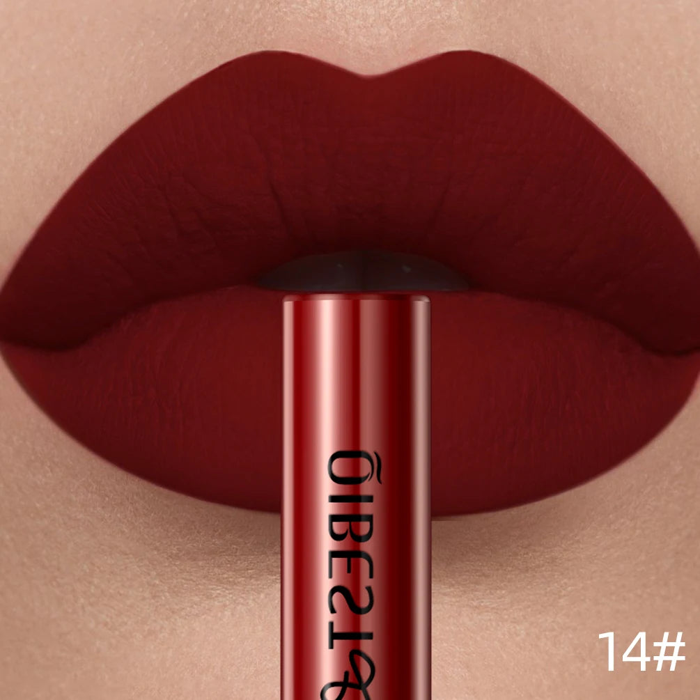 QIBEST Sexy Lipgloss Lasting Velvet Matte Lip Gloss Liquid Lipstick Makeup Women Beauty Nonstick Cup Waterproof Red Lipstick