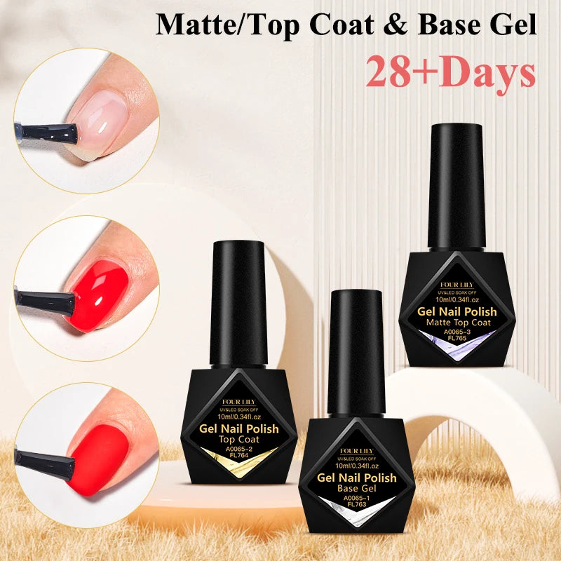 FOUR LILY 10ml Base Gel, Top Coat, Matte Top Coat Functional Nail Care Long Lasting UV/LED Varnish Gel Nail Polish Manicure