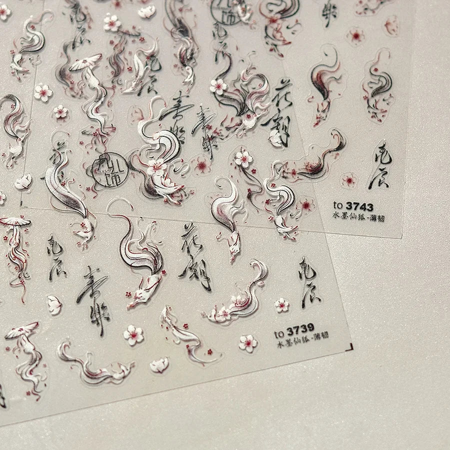 5D Kawaii Ink Wash Fairy Fox Dragon Loong Nail Art Stickers Cartoon Star Animals Backglue Nail Decoration Decals Accessories