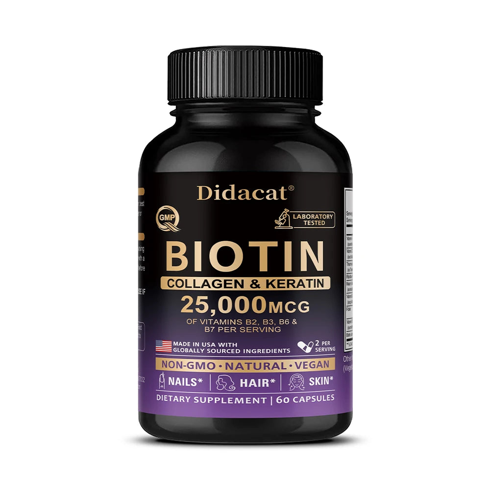 Biotin Vitamins with Collagen & Keratin - 25000 mcg Capsules,B1,B2,B3,B6,B7 Complex,Healthy Nails & Skin,Hair Growth