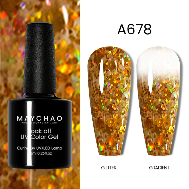MAYCHAO Glitter Gel Nail Polish 7.3ml Semi-permanent Sequins Shiny Gel Base Top Coat Soak Off UV LED Varnish Nail Art Decoration