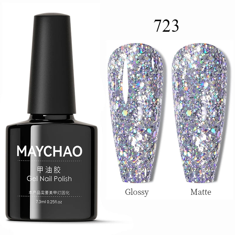 MAYCHAO Glitter Gel Nail Polish 7.3ml Semi-permanent Sequins Shiny Gel Base Top Coat Soak Off UV LED Varnish Nail Art Decoration