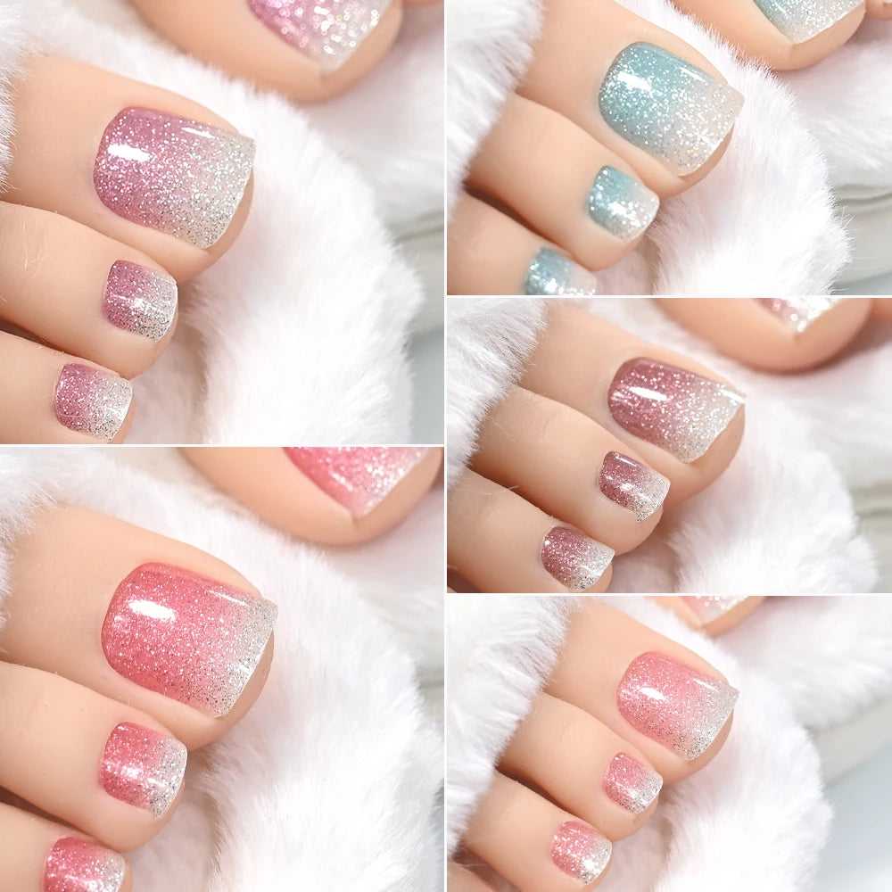 1pcs 22tips Gradient Glitter Full Toe Nail Wraps 3D Shiny Omber Pink/Purple/blue Toe Nail Polish Stickers Baking Free Toe Strips