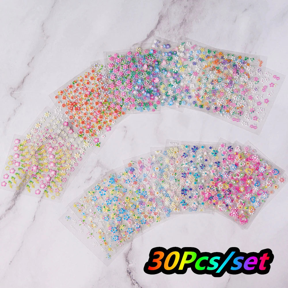 30Pcs/set Colorful Butterfly/Flowers Nail Stickers Kawaii Cute Mini Rose/Lavender/Sunflower Nail Decal DIY Adhesive Nail Floret