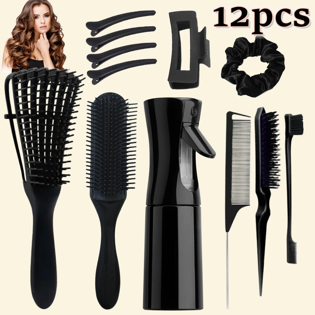 12pcs Detangling Brush Set, 200ml Continuous Spray Bottle, Premium Wide Tooth Comb, Scalp Massager Shampoo Brush, Brush Set with