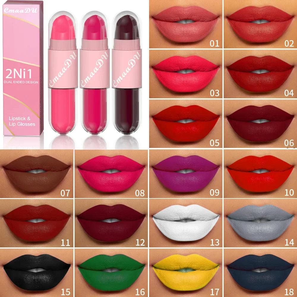 18Color 2In1 Matte Velvet Liquid Lipstick Double Head Sexy Red Purple LipGloss Moisturizing Lasting Waterproof Lip Glaze Make Up