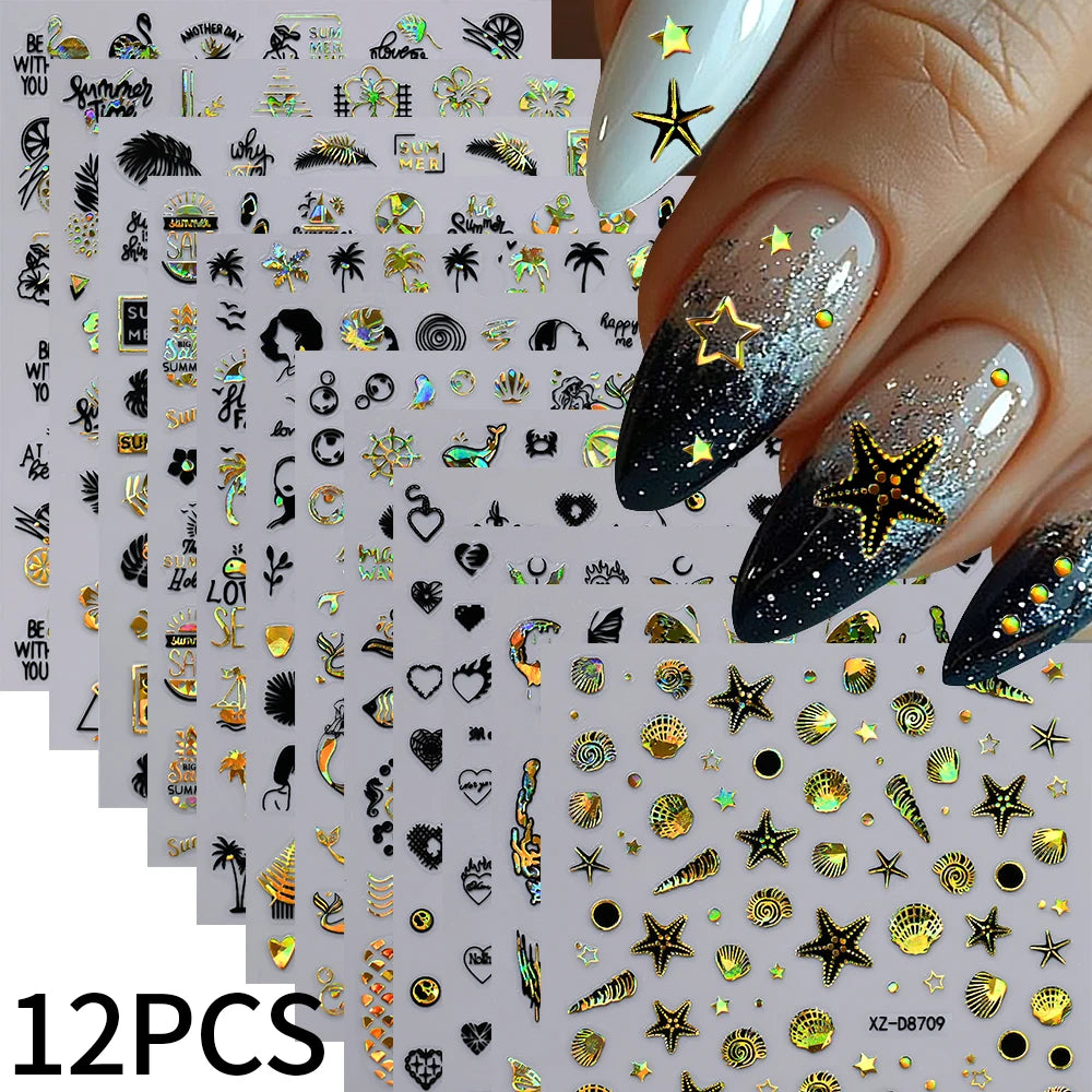 12Pcs 3D Laser Gold Silver Sun Star Moon Nail Stickers Y2K Snake/Starlight/Heart Adhesive Decals DIY Bronzing Nail Sliders