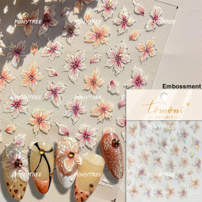 Elegant Pink Purple Flower Rose Colourful Gentle Petal Peach Blossom Metal Shiny Self Nail Art Sticker Decoration Manicure Decal