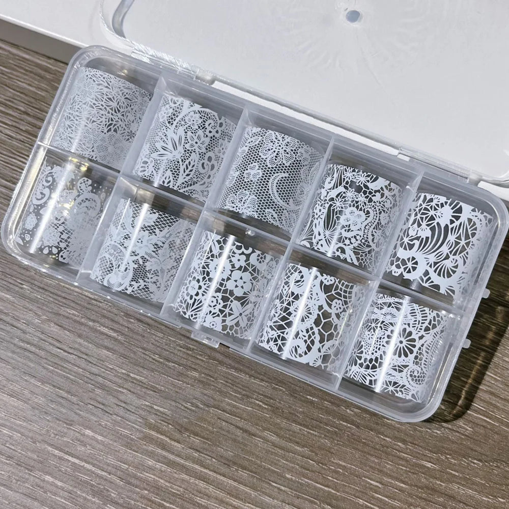 10 Rolls Black/White Lace Foil Transfer Nail Stickers Starry Sky Lace Flowers Nail Foils Stickers Lace  Nails Decoration 4*50CM