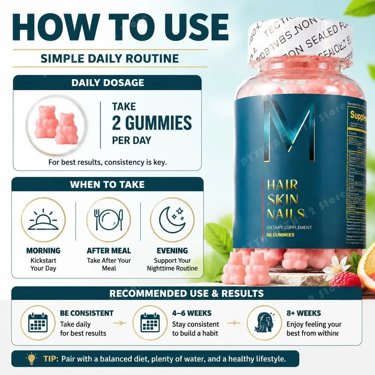 Hair Skin Nails Gummies with Biotin and Zinc, Vitamins A C D2 and E, plus B6 and B12 for radiant healthy skin, 60 Gummies