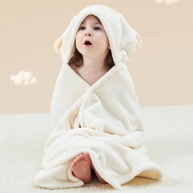 70*140cm Children's Hooded Bath Poncho Plush Coral Fleece Robe with Cartoon Cape Design Fast-Drying Baby Bath Towel