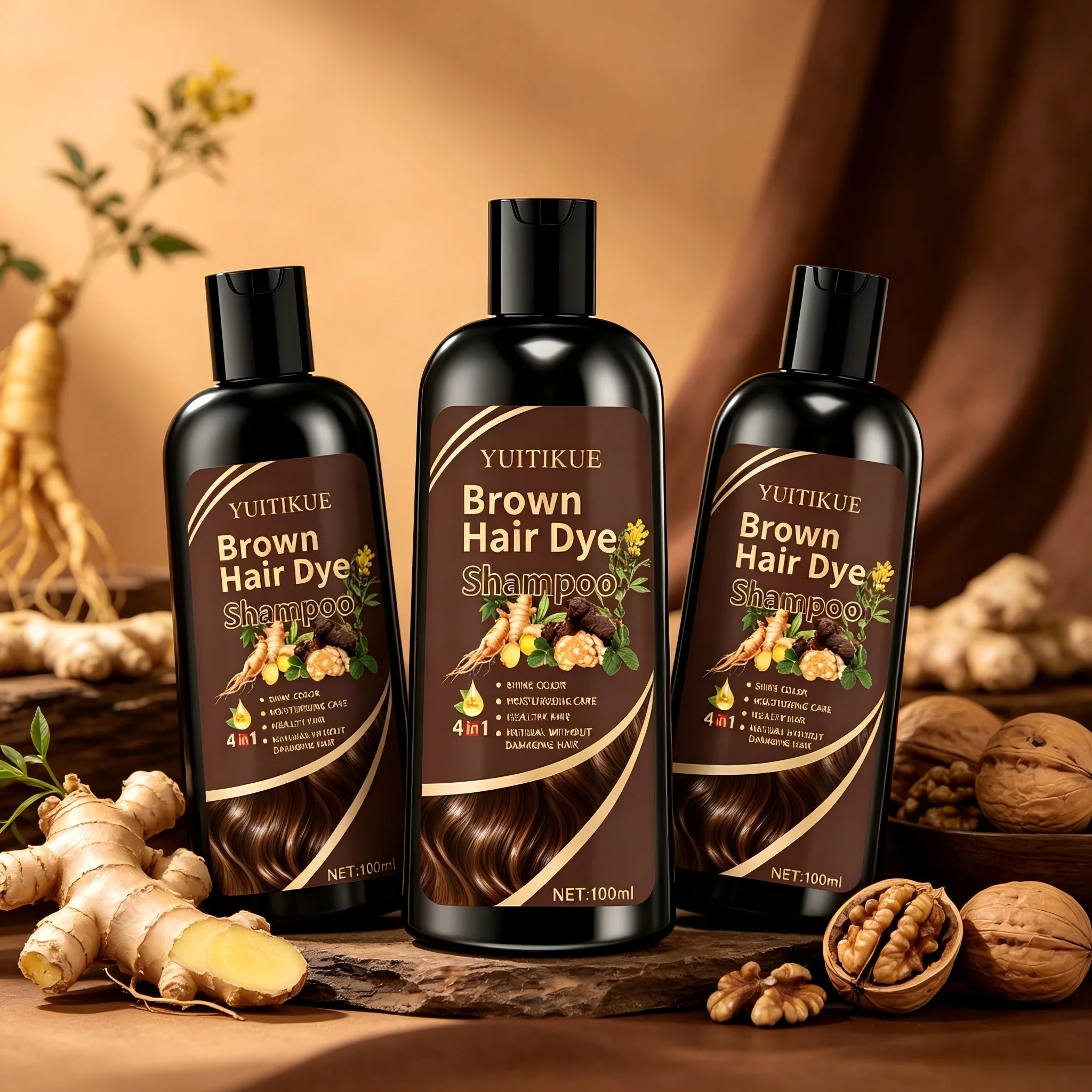 YUITIKUE Brown Hair Dye Shampoo | 4-in-1 Color, Moisturize, Nourish, Natural Ginger Formula 100ml