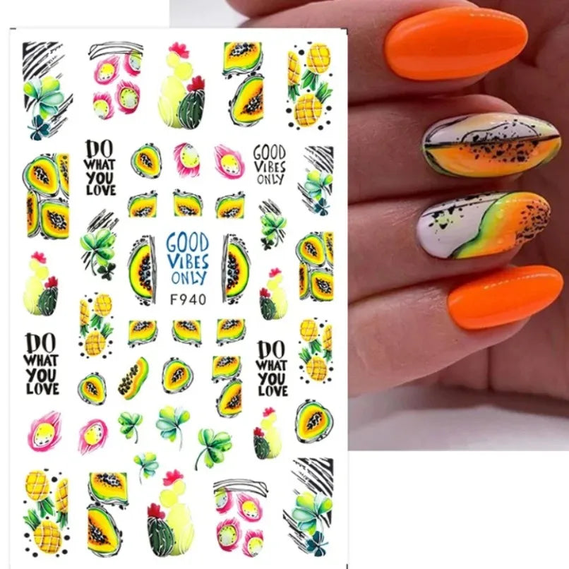 3D Flower Petal Nail Stickers Purple Pink Tulip Leaf Clover Summer Avocado Fruit Geometric Line Floral Manicure Decoration