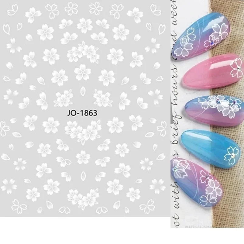 Cherry Blossom 3D Nail Stickers White Flower Petals Nail Art Decals Elegant Wedding Design Spring Sakura Manicure Slider Decor