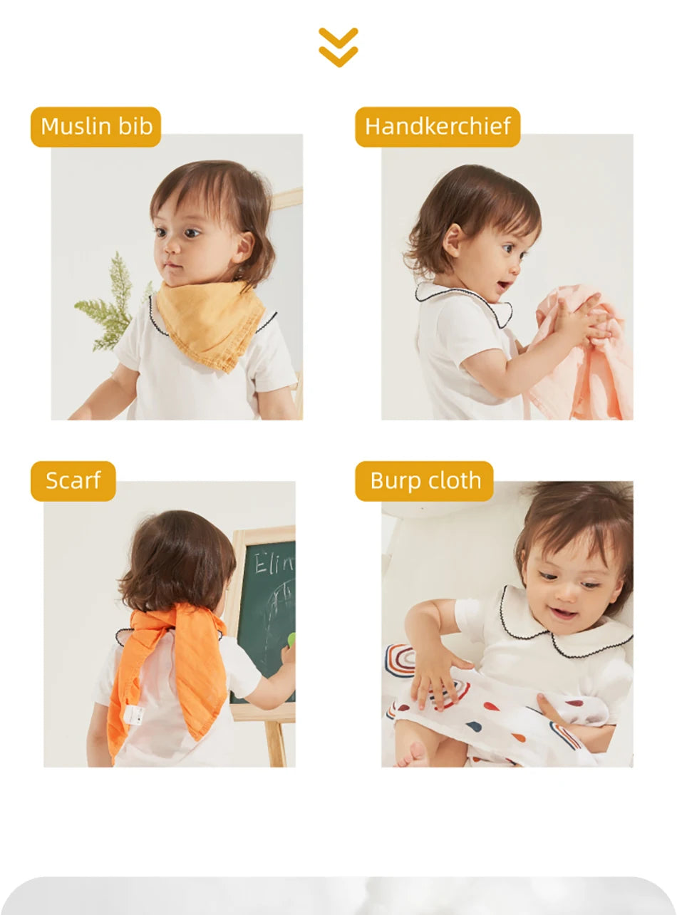 Happyflute 60x60CM Bamboo Cotton Muslin Square Towels 5-Piece Set Soft Gauze Wipes for Baby Face And Bath Newborn Baby Bibs